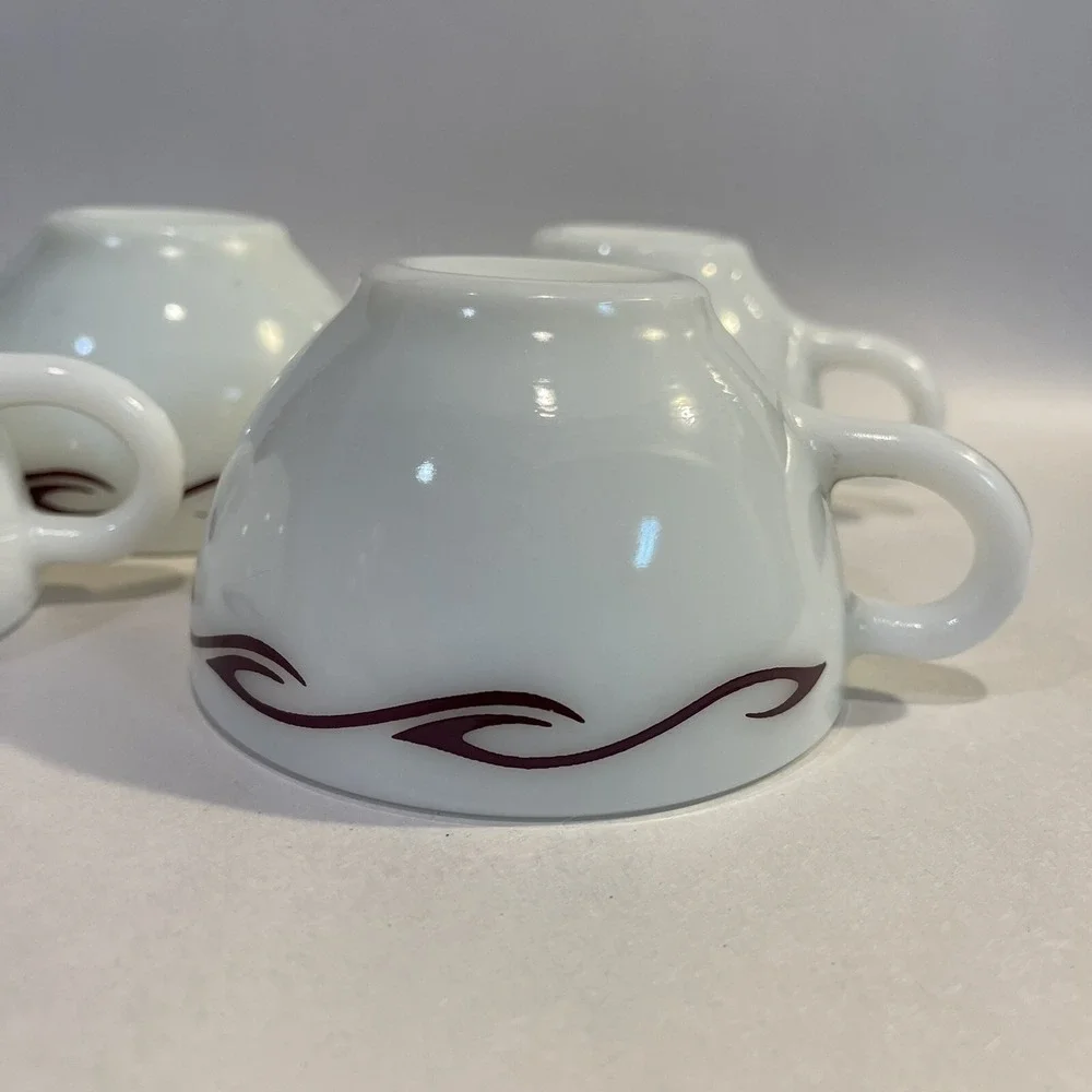 Vintage Pyrex Teacups Coffee Corning‎ Milk Glass Restaurant Ware Maroon Waves